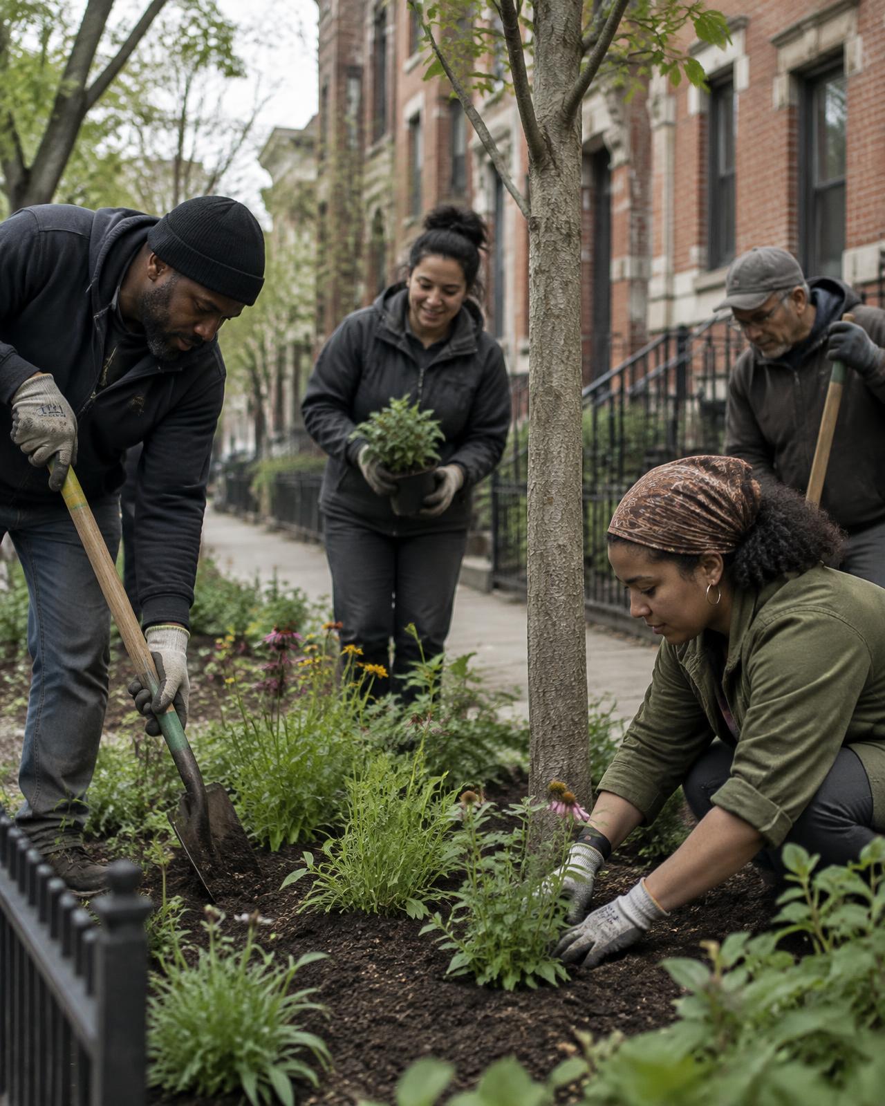 Neighbors working together in a planted Chicago tree bed